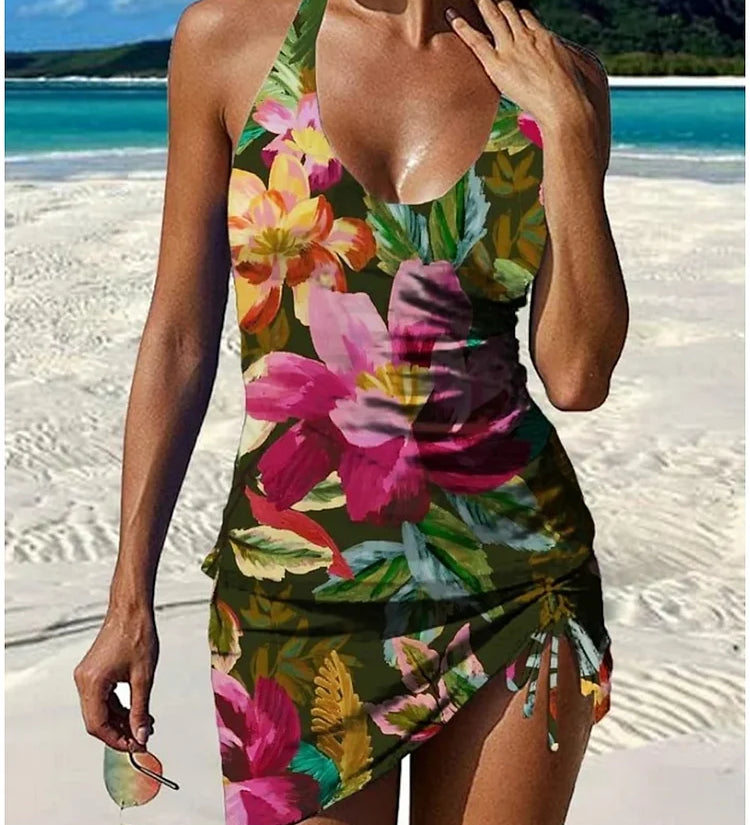 Fani – Tankini gráfico floral com calções, efeito barriga lisa