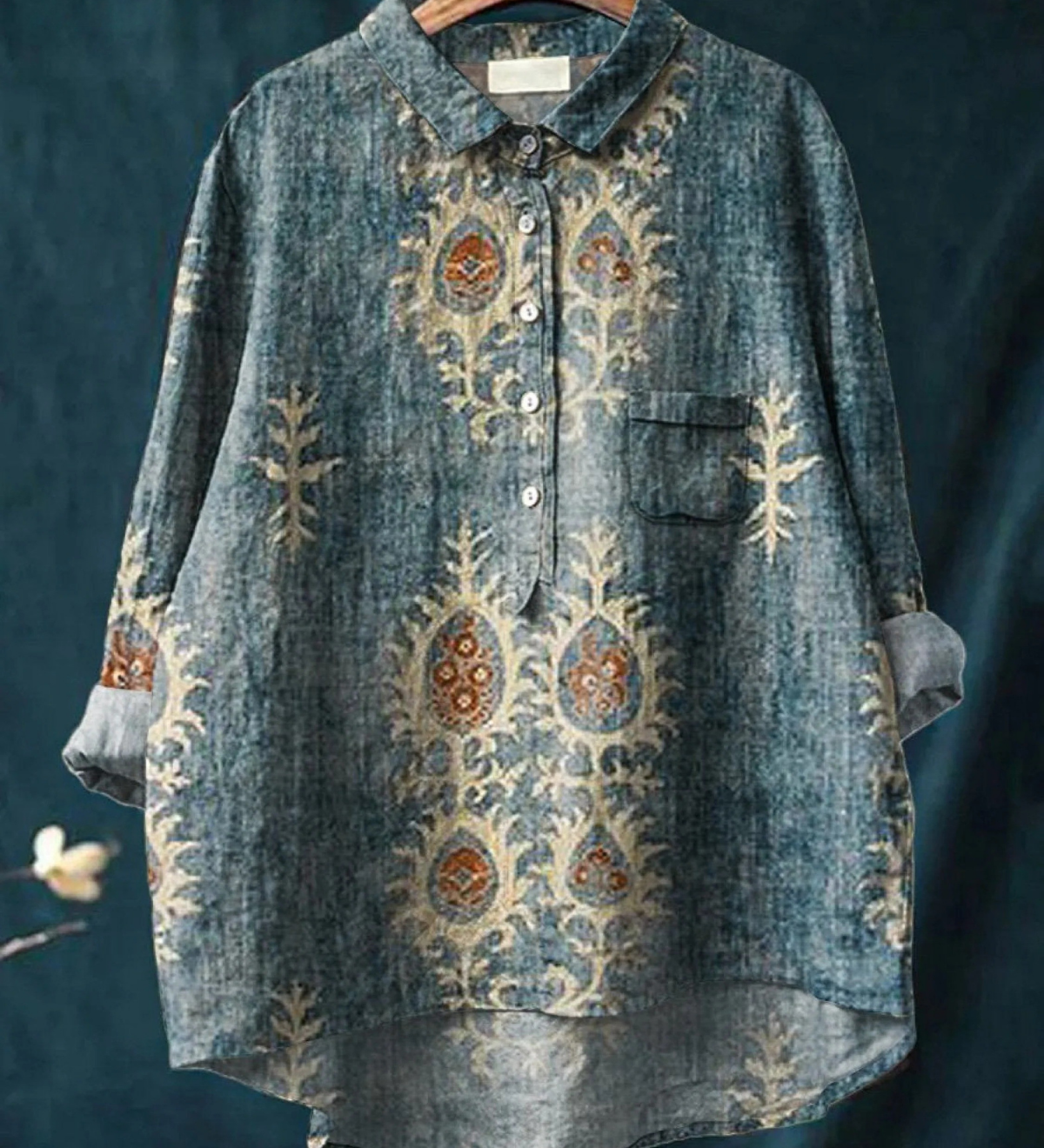 Diana - Camisa Casual Vintage Étnica com Estampa Floral