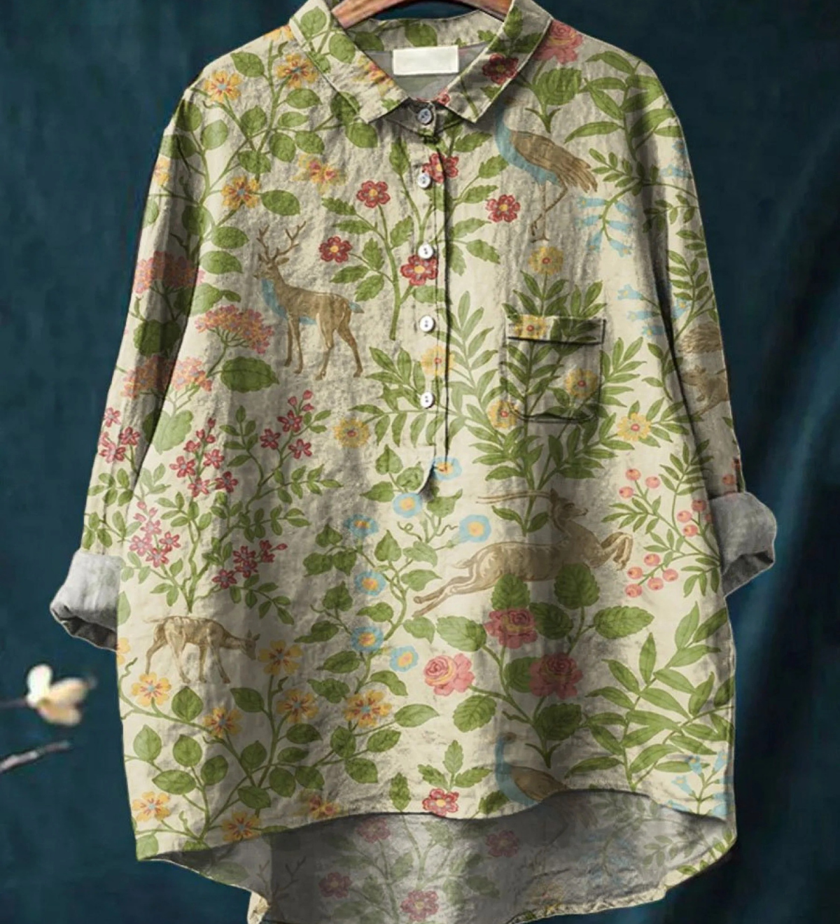 Georgina - Camisa Casual Vintage Floral com Animais