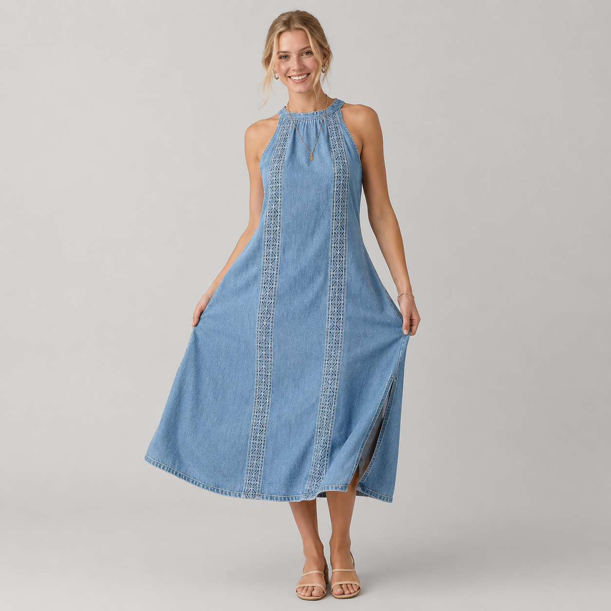 Júlia - Vestido de Ganga com Renda Retro