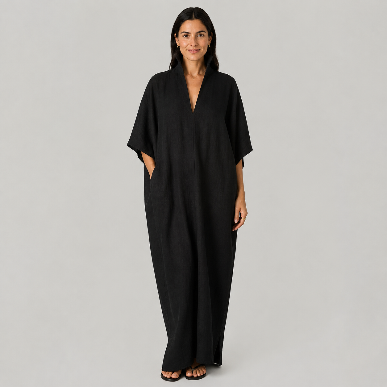 Alina - Vestido longo com mangas 3/4 e decote em V