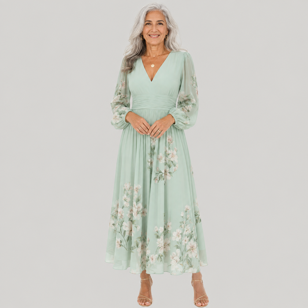Elga - Vestido maxi plissado em chiffon com padrão floral