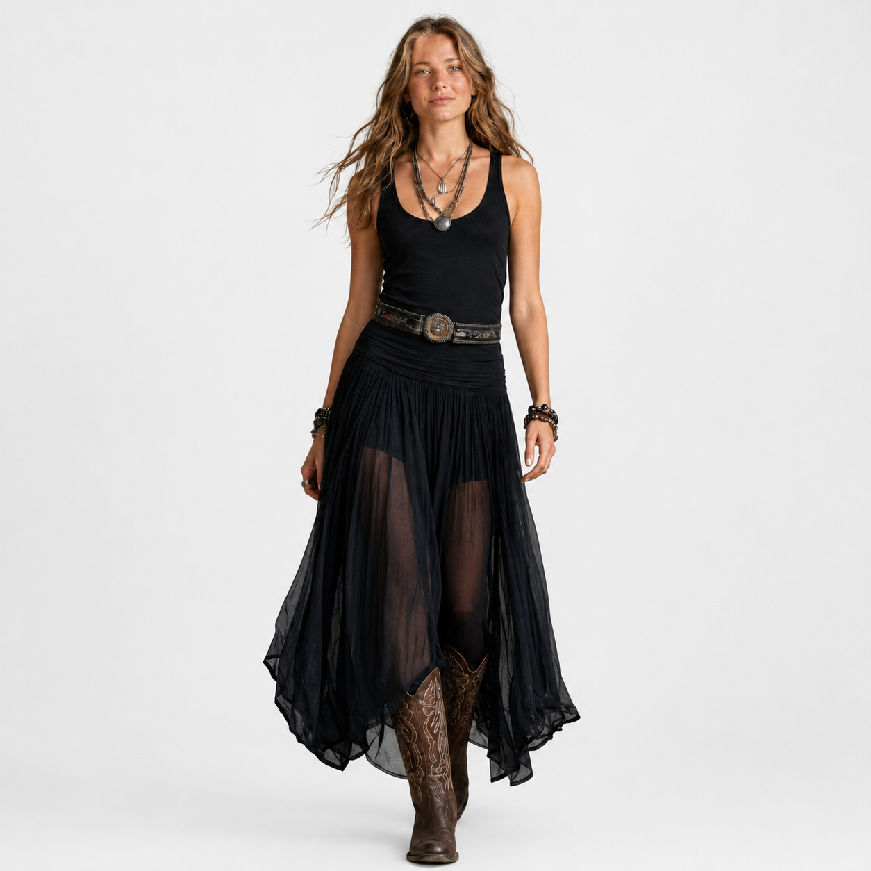 Odete - Vestido Maxi em Tule com Cinto