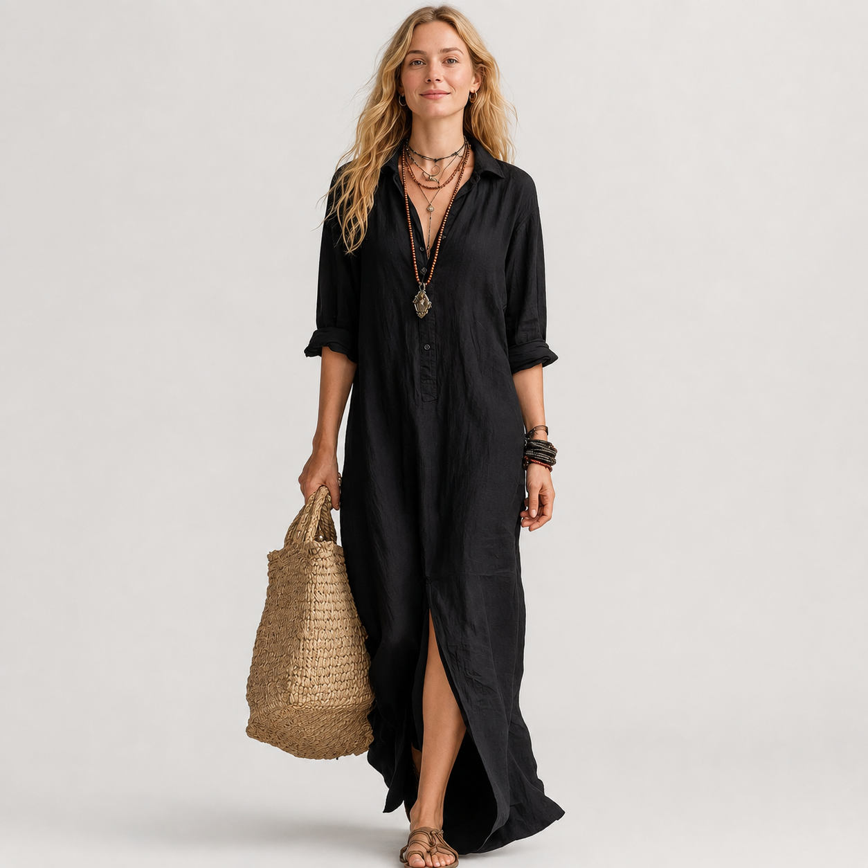 Ana – Vestido Preto Largo com Botões