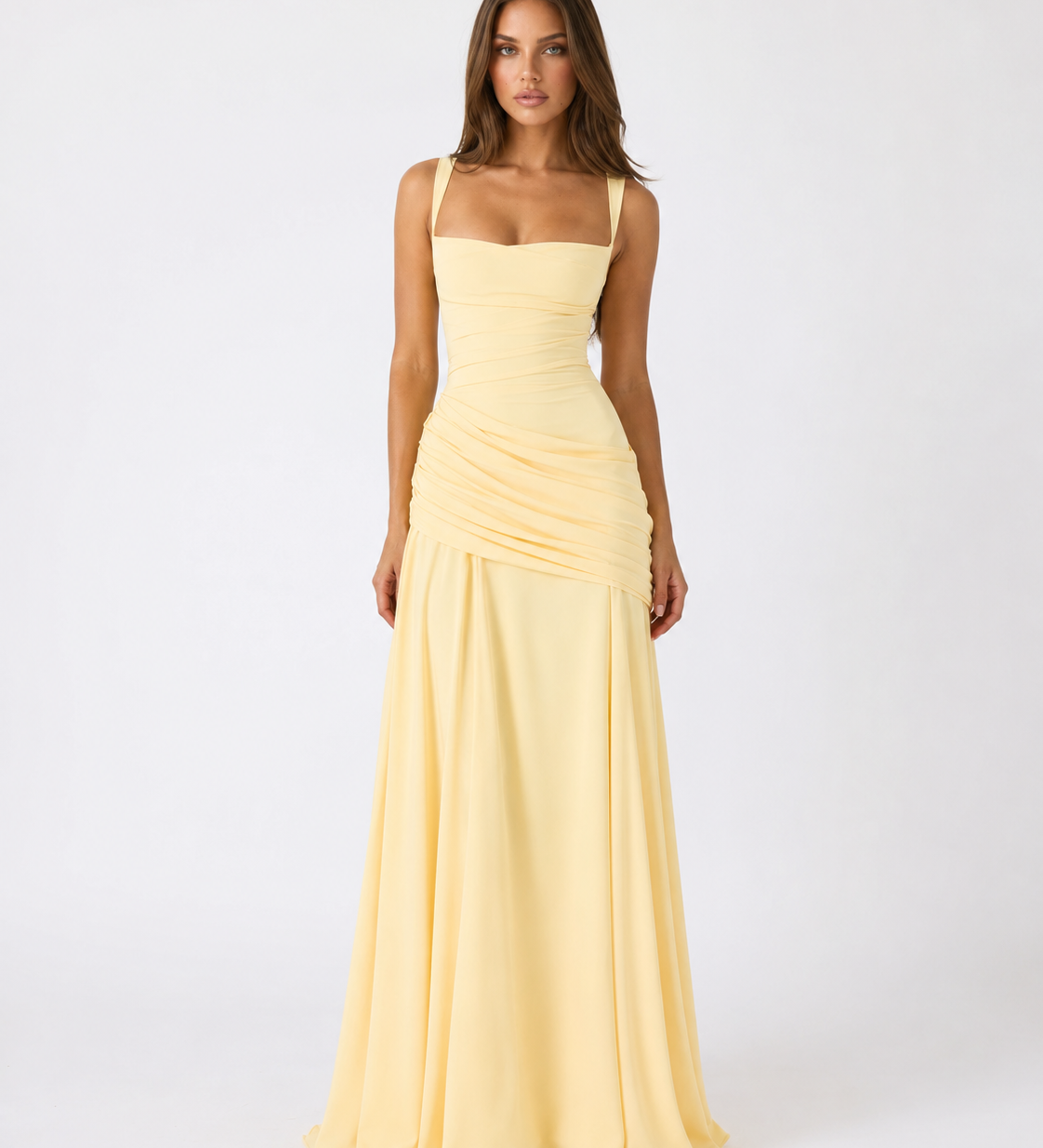 Ester - Vestido Maxi Plissado com Decote Quadrado