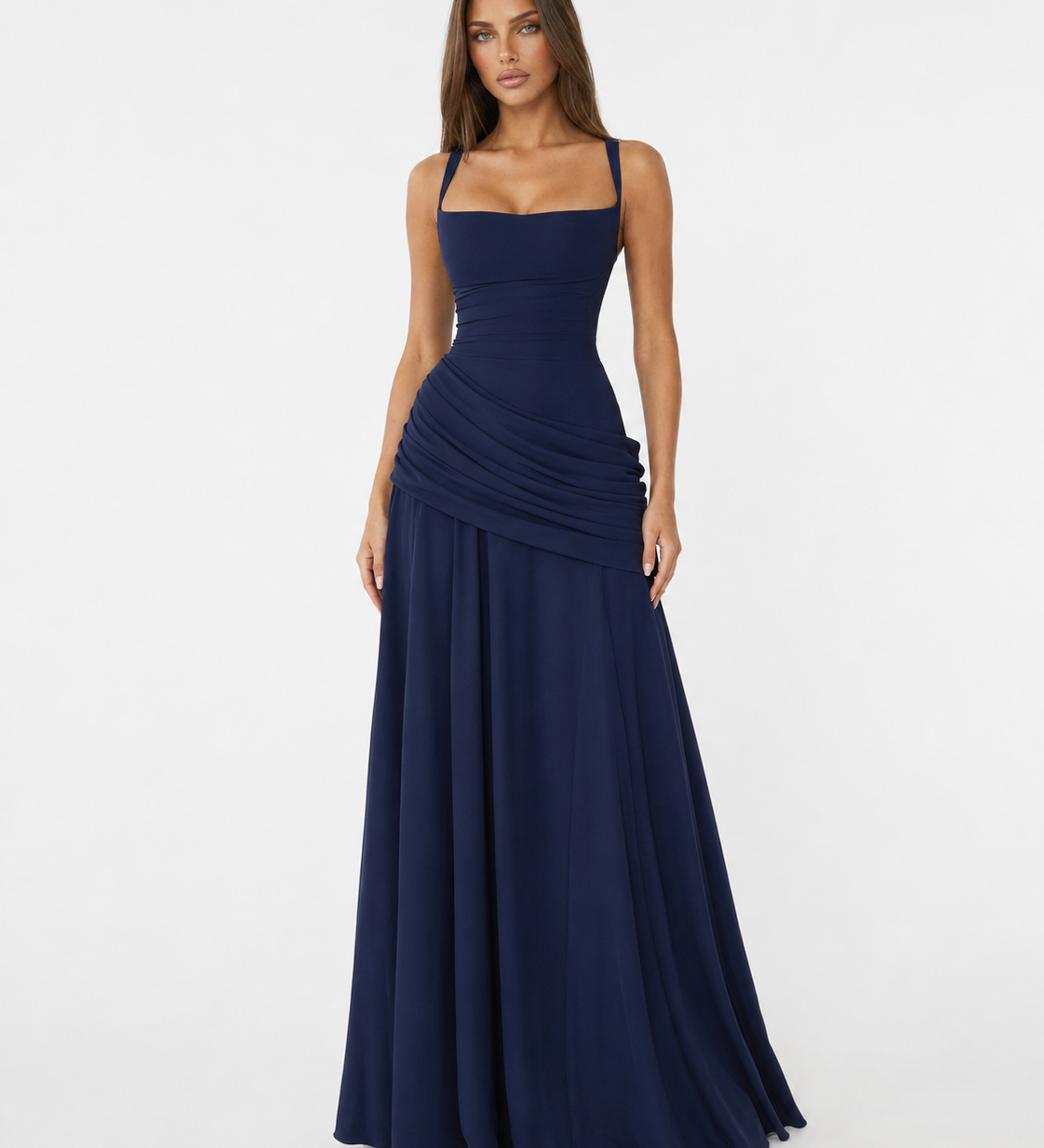 Ester - Vestido Maxi Plissado com Decote Quadrado