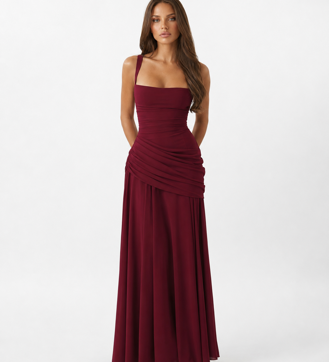 Ester - Vestido Maxi Plissado com Decote Quadrado
