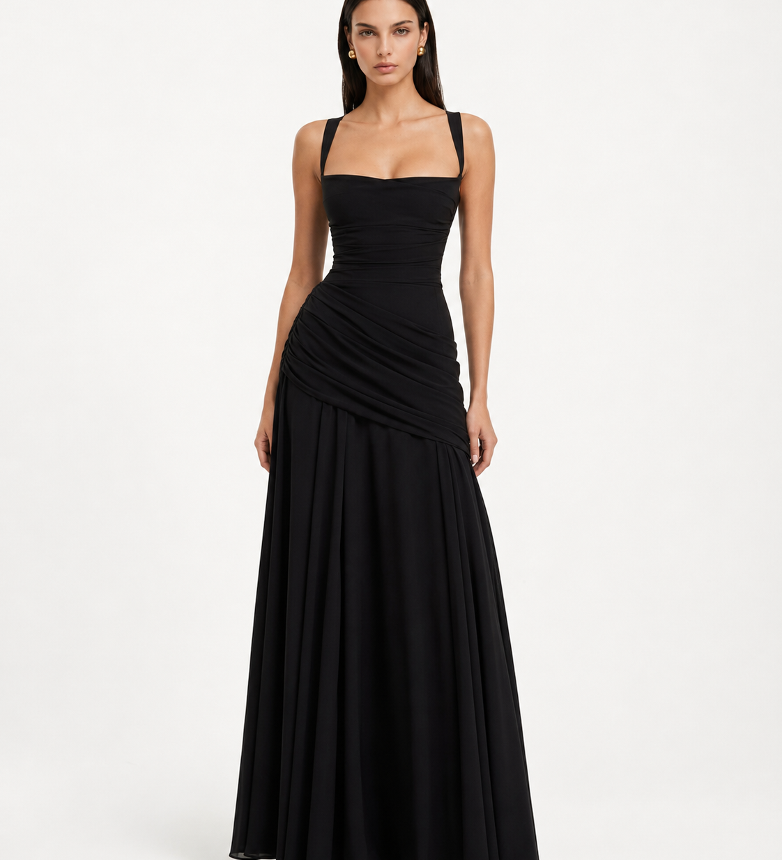 Ester - Vestido Maxi Plissado com Decote Quadrado