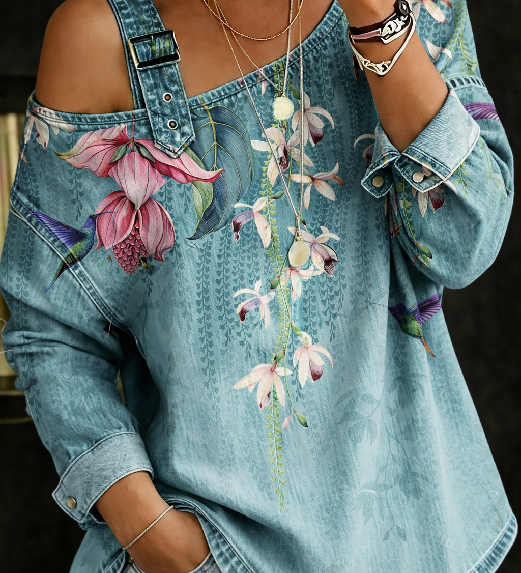 Carla - Top de Denim com Ombros à Mostra