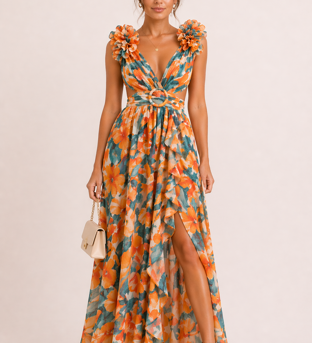 Ariana - Vestido Maxi de Chiffon com Decote em V e Flores 3D