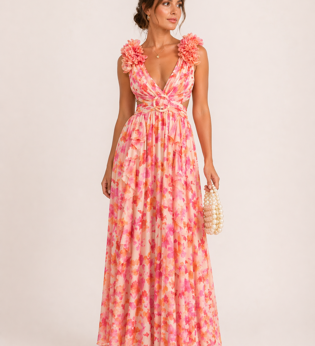 Ariana - Vestido Maxi de Chiffon com Decote em V e Flores 3D