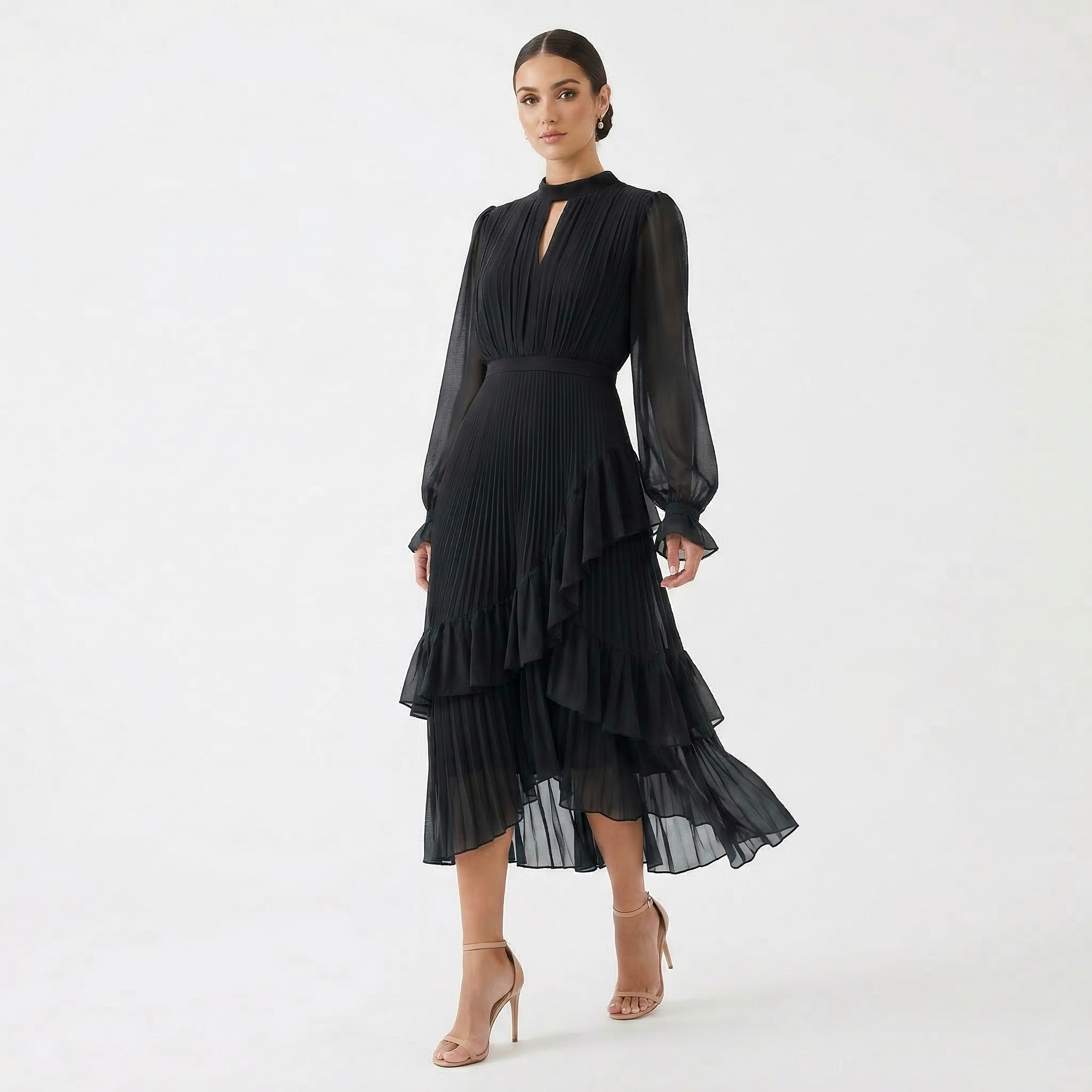 Mariana - Vestido Plissado com Mangas Fluídas e Folhos Assimétricos