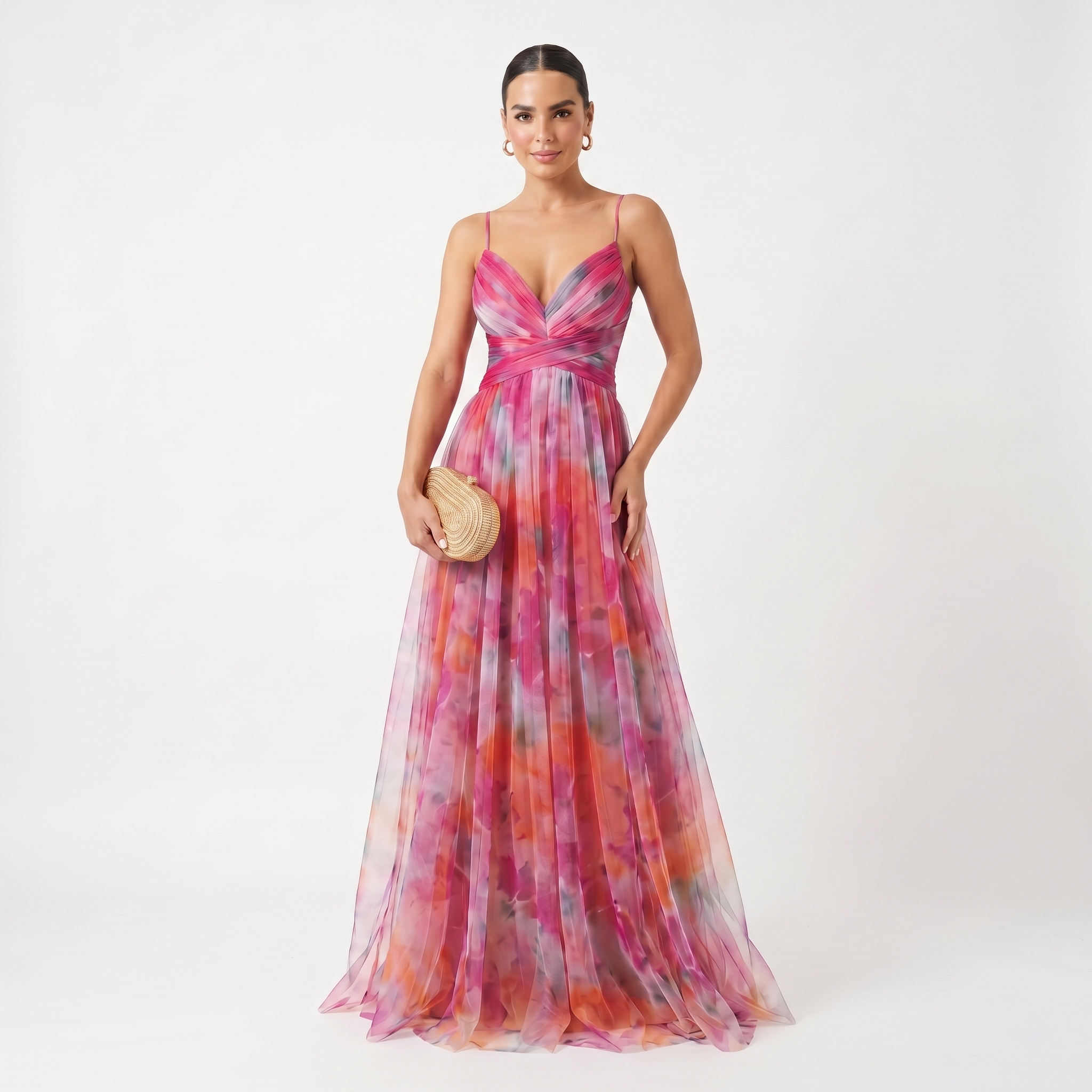 Helena - Vestido de Gala em Tule com Estampado Aguarela