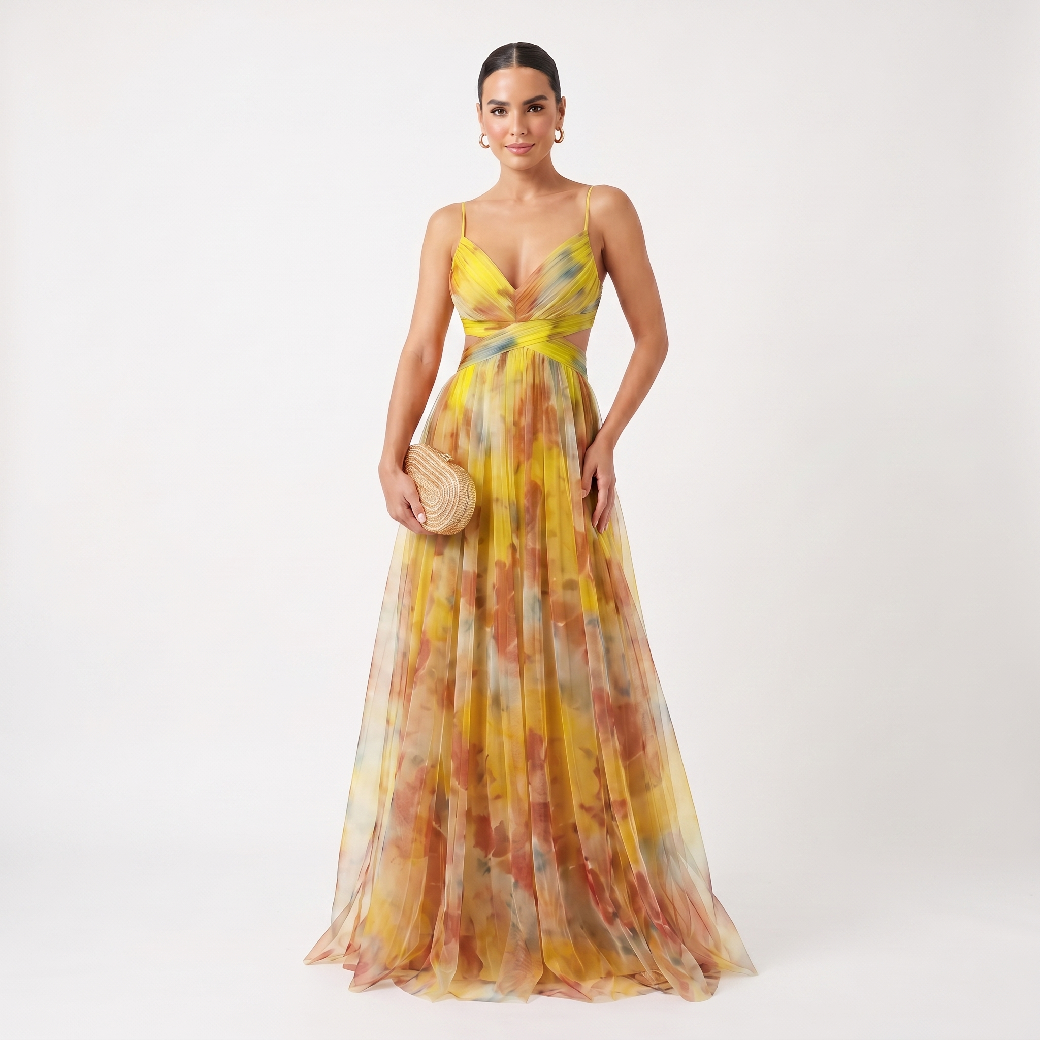 Helena - Vestido de Gala em Tule com Estampado Aguarela