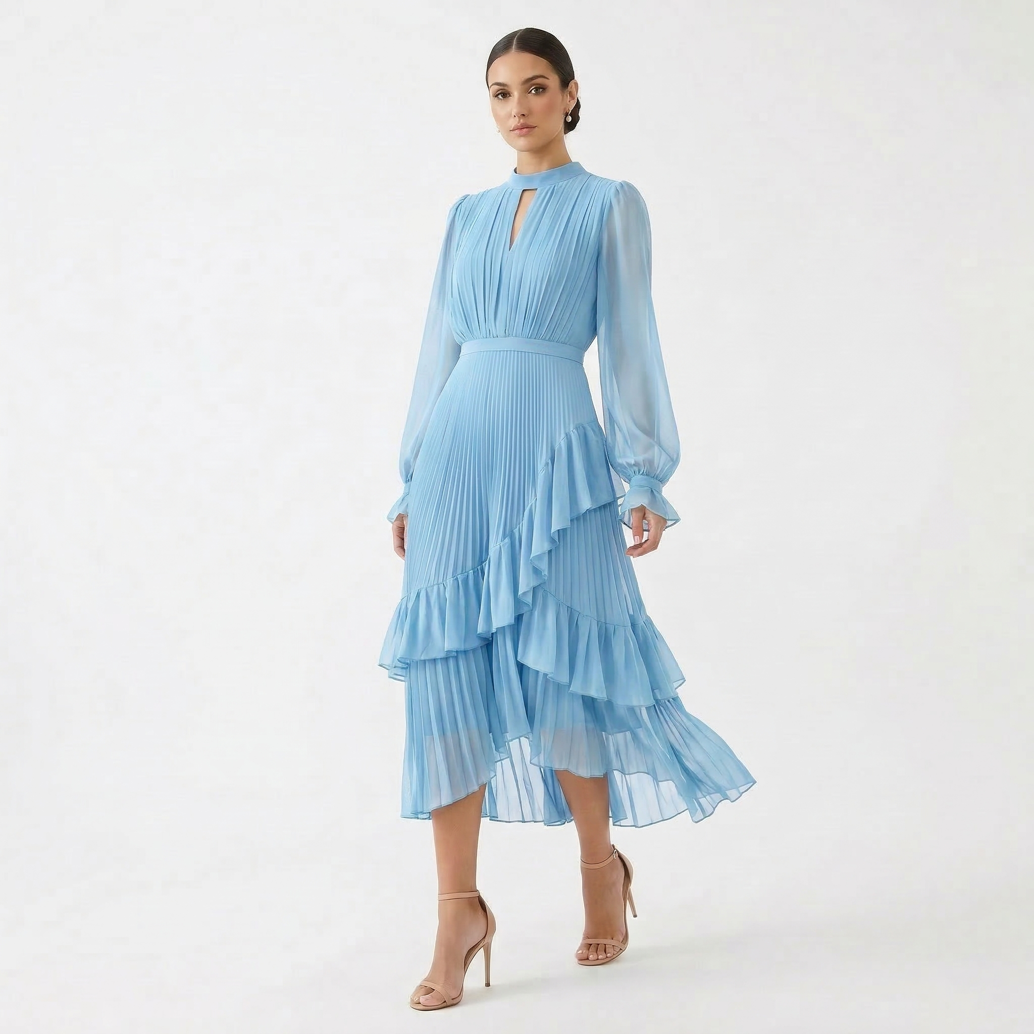 Mariana - Vestido Plissado com Mangas Fluídas e Folhos Assimétricos