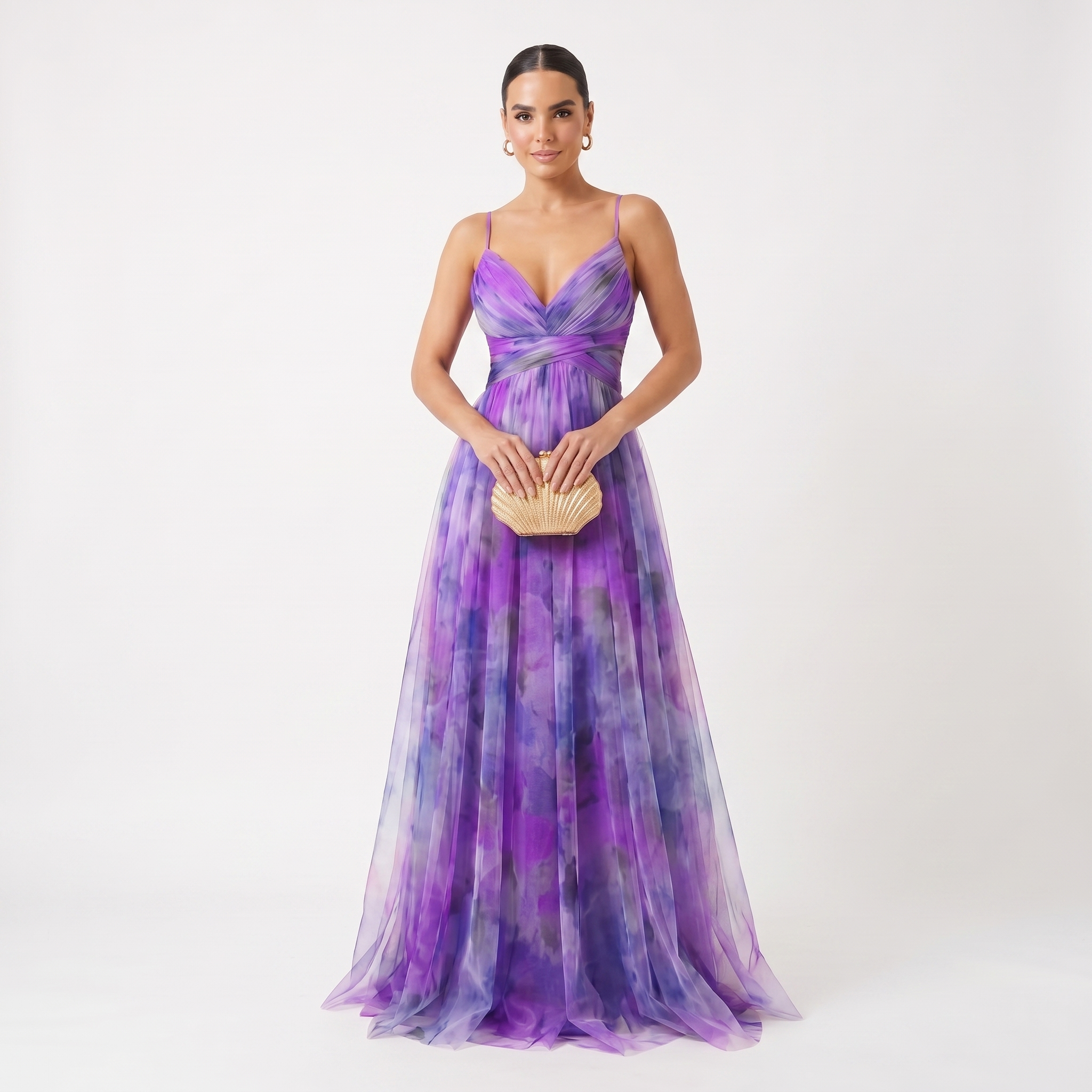 Helena - Vestido de Gala em Tule com Estampado Aguarela