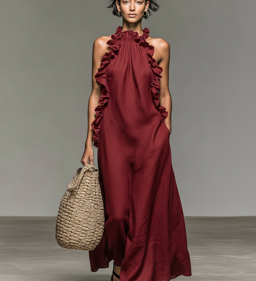 Carina - Vestido Maxi com Bolsos e Folhos