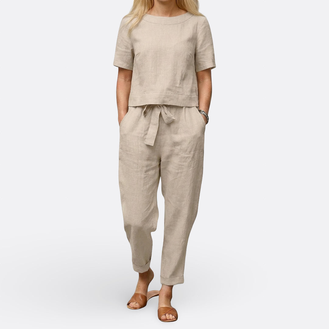 Woman wearing a linen two piece set in summer
