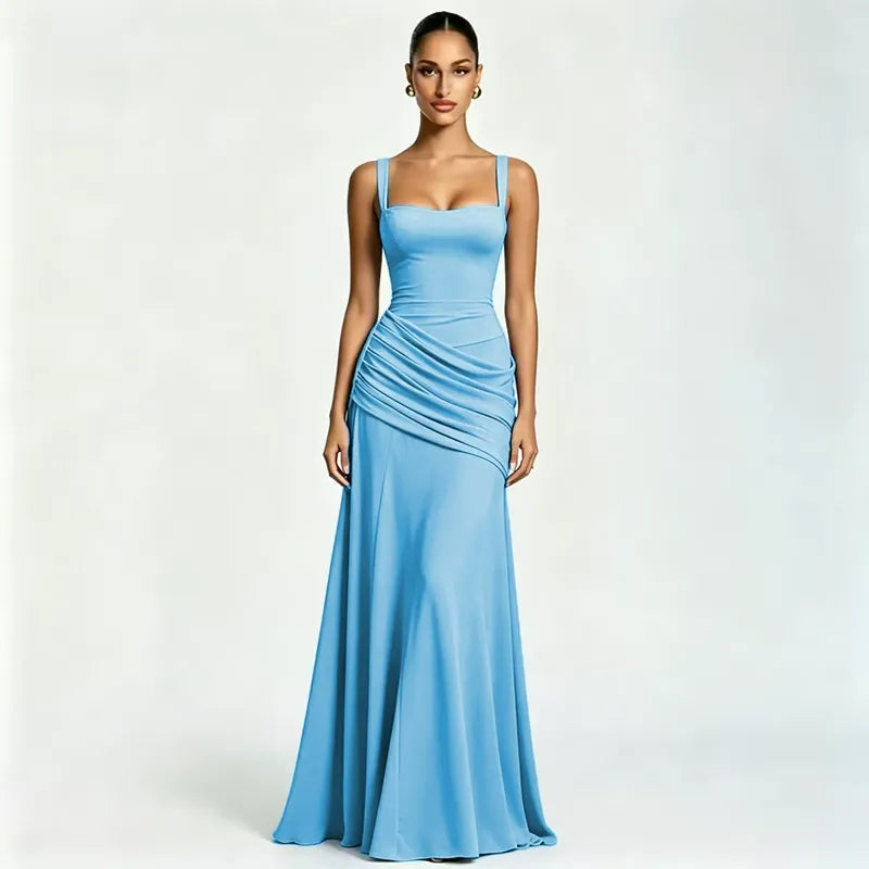 Ester - Vestido Maxi Plissado com Decote Quadrado