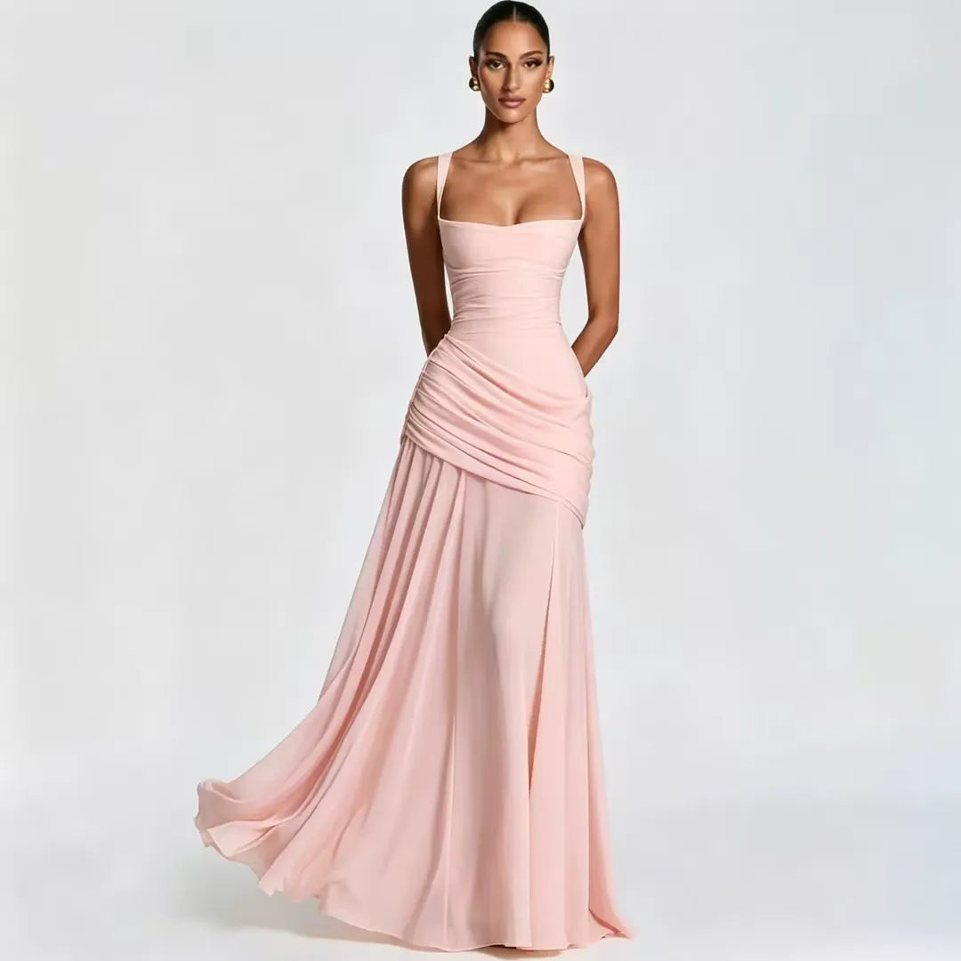 Ester - Vestido Maxi Plissado com Decote Quadrado