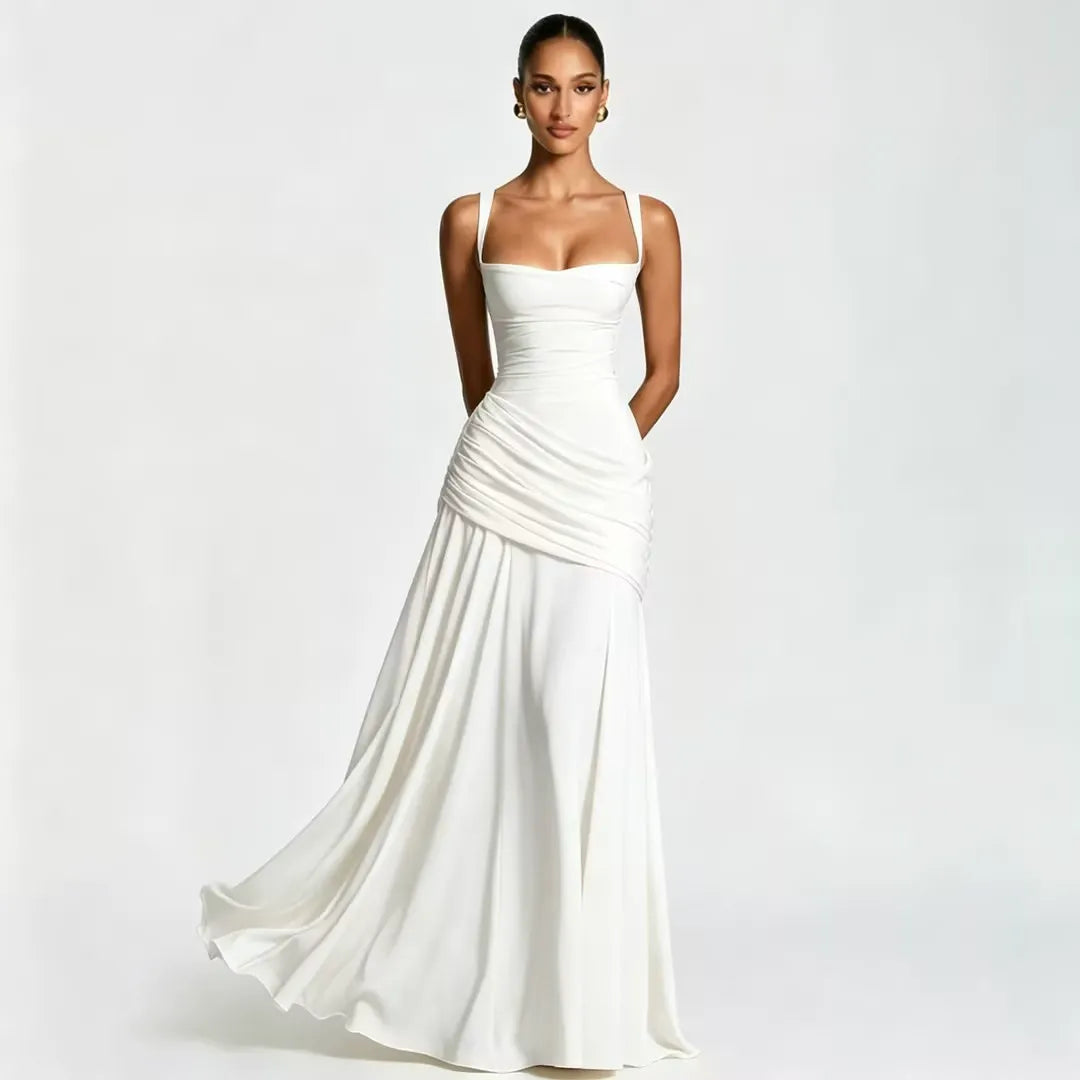 Ester - Vestido Maxi Plissado com Decote Quadrado