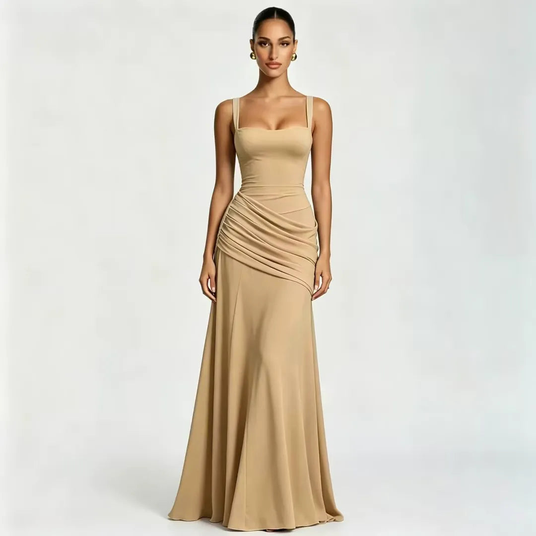 Ester - Vestido Maxi Plissado com Decote Quadrado